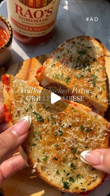 Sheila Williams on Instagram: "Vodka Chicken Parm | ep 10 of my grilled cheese series is this garlic butter sourdough with mozzarella, rotisserie chicken, creamy @raoshomemade Vodka Sauce & grated parm #ad Rao's Homemade Vodka Sauce is made with a rich blend of whole peeled Italian tomatoes, Parmigiana Reggiano and Pecorino Romano cheeses with a splash of vodka. So DELICIOUS, you'll want sauce on the side for dipping! #RaosHomemade" Vodka Chicken Parm, Vodka Chicken, Homemade Vodka, Homemade Vodka Sauce, Italian Tomatoes, Pecorino Romano, Vodka Sauce, Chicken Parm, Fall 24