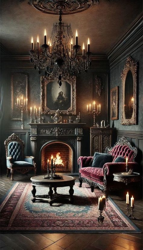 My Gothic home, the way we love it 💜🖤 | Facebook Gothic House Interior Living Room, Gothic Parlor Room, Rich Gothic Aesthetic, Haunted Victorian House Interior, Gothic Hallway Ideas, Goth Fireplace, Gothic Victorian Living Room, Witchy Cafe, Gothic Victorian House Interior