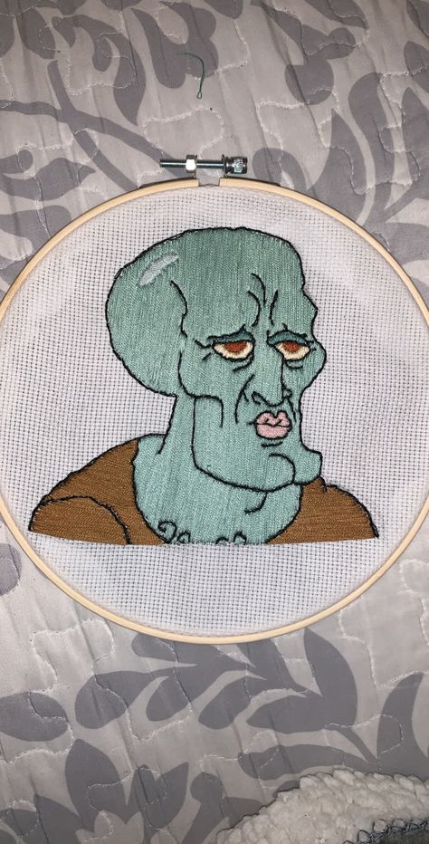 Sponge Bob Embroidery, Embroidery Spongebob, Spongebob Embroidery, Handsome Squidward, Funny Embroidery, Embroidery Stitches Beginner, Clothes Embroidery Diy, Diy Embroidery Designs, Embroidery Diy