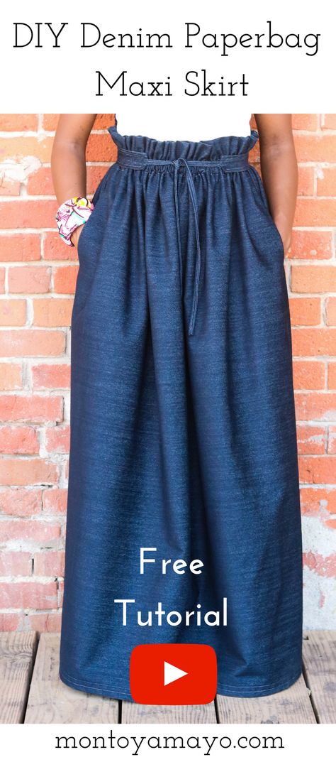 Denim Skirt, Paperbag Skirt, DIY Paperbag Maxi Skirt, Maxi Skirt, Denim Maxi Skirt Maxi Skirt With Belt, Belt Tutorial, Paperbag Skirt, Maxi Skirt Tutorial, Diy Maxi Skirt, Maxi Skirt Pattern, Trash To Couture, Jacques Fath, Skirt Diy