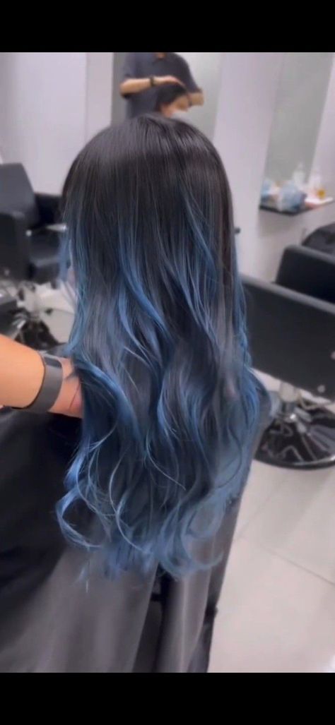 Bangs With Dyed Streaks, Blue Bolyoge Hair, Pastel Blue Hair Highlights, Blue Hair Medium Length, Light Blue Highlights In Black Hair, Brunette With Blue Highlights, Blue Halo Hair, Dark Brown Hair With Blue, Blue Hair Balayage