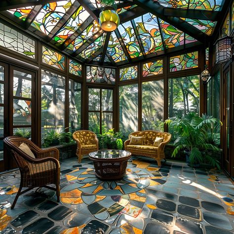 Experience the beauty of our Stained Glass Sunroom—a luminous sanctuary adorned with vibrant panels that dance in the sunlight, creating a tranquil retreat in your home. Conceptual AI Art Follow @ecosapiens for more! Solarium Ideas, Solarium Room, Porch Update, Glass Sunroom, Conservatory Sunroom, Costa Rica House, Witch Life, Wizard House, Arts And Crafts Interiors