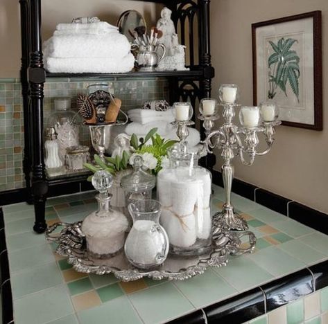 Sixpence Blue Moon: Decorating With Silver Trays Silver Tray Decor, Casa Country, Silver Trays, Silver Decor, French Decor, French Country Decorating, A Shelf, Beautiful Bathrooms, Country Decor