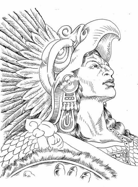 Aztec Warrior Drawing Sketches, Aztec Goddess Tattoo Mexican, Aztec Warrior Tattoo Stencil, Aztec Headdress Drawing, Aztec Coloring Pages, Azteca Drawing, Aztec Drawing Sketches, Maya Drawing, Aztec Art Drawings