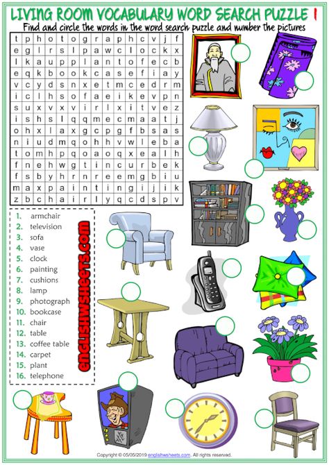 Living Room Objects ESL Word Search Puzzle Worksheets Living Room Worksheet, Living Room Objects, Room Vocabulary, Vocabulary Games For Kids, Room Objects, Word Search Puzzles Printables, Test For Kids, Missing Letters, Esl Vocabulary