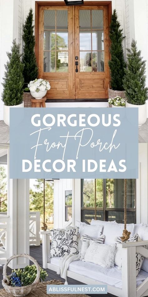 These front porch decor ideas will help you transform your entryway into a welcoming oasis. Imagine cozy seating, vibrant planters, and a touch of seasonal charm creating a space you'll love coming home to. A well-styled porch invites relaxation and sets the tone for your home's inviting atmosphere. #porchgoals #homedecor #outdoorliving Beautiful Porch Ideas, Southern Front Porch Decor, Staging Front Porch To Sell, Porch Decorating Modern, Front Porch Furniture Layout Ideas, French Cottage Porch, Beach Front Porch Ideas, Coastal Porch Decor, Front Porch Furniture Ideas