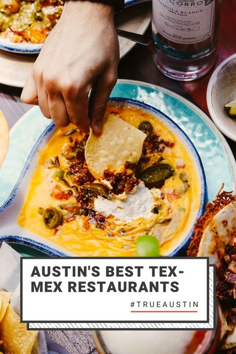 Austin is home to many global cuisines, but Tex-Mex takes the crown as the local favorite. This blend of Mexican and Texas-style comfort food can be found on just about any street, often in family-run restaurants that have operated for years. Here are just some of the many Tex-Mex restaurants worth visiting in Austin. Image shows tortilla chip dipping in to a loaded queso. Blog post suggests numerous other Tex-Mex and ATX-Mex locations throughout town. Austin Texas Food, Pork Burritos, Guacamole Salad, Crispy Beef, Green Chile Chicken, Best Mexican Restaurants, Visit Austin, Crispy Tacos, Cheese Enchiladas