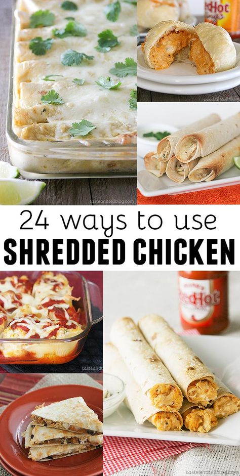 24 ways to use shredded chicken - a great timesaver for busy nights! You can make chicken ahead of time and freeze it, or you can use rotisserie chicken. Use Shredded Chicken, Use Rotisserie Chicken, Pulled Chicken Recipes, Taste And Tell, Diy Easy Recipes, Shredded Chicken Recipes, Rotisserie Chicken Recipes, Chicken Main Dishes, Poultry Recipes