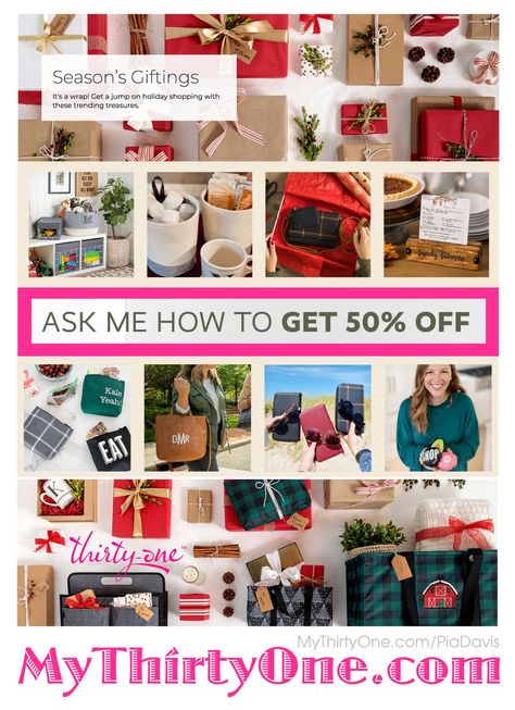 #31 Season's Giftings - Check out all the options @ MyThirtyOne.com/PiaDavis Look for Utility Totes, Bags, Purses, Wallets, Tote Bags, Lunch Thermals, Snack Pouches, Felt Bins, Photo Key Fobs, Photo Table Gallery... Check out the great #Customer #REWARDS... 50% OFF ANY regular-priced item for every $50 you spend #Save on Utility #Totes Crossbody & Shoulder #Wallets #Pouches #Backpacks #LunchBags #Pillows #MangoWood #Bags #MyThirtyOne #ThirtyOneGifts #ThirtyOne #PiaDavis 2020 @PiasParaphernalia Photo Table, Large Utility Tote, Santa Beard, Online Relationship, 31 Gifts, Utility Tote, Large Hats, Thirty One Bags, Thirty One Gifts