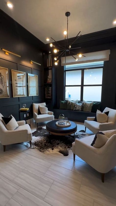 Sitting Room Lounge Ideas, Modern Sitting Room Ideas Lounges, Black Wall Wainscoting, Whiskey Lounge Room, Basement Conversation Area, Moody Conversation Room, Cocktail Seating Area Living Rooms, Contemporary Sitting Room Ideas, Men’s Lounge Room