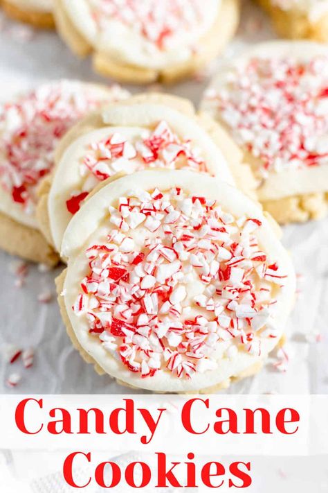 If you've got leftover candy canes try this EASY recipe for Candy Cane Cookies, leftover candy canes never had it so good! If you have someone who loves peppermint AND cookies this recipe is for you. Big soft baked peppermint sugar cookies are topped with an easy peppermint frosting and then topped with crushed-up leftover candy canes! #candycanecookies #peppermintcookies #leftovercandycanes Leftover Candy Canes, Freeze Cookie Dough, Candy Cane Cookie Recipe, Peppermint Frosting, Candy Cane Dessert, Candy Cane Recipe, Peppermint Sugar Cookies, Leftover Candy, Candy Cane Cookies