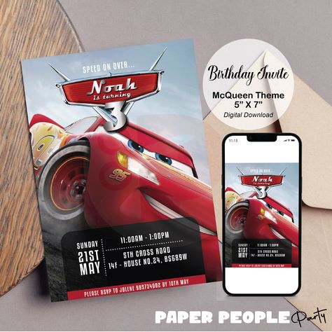 Lightning Mcqueen Birthday Invitations, Car Birthday Party Invitations, Pixar Cars Birthday, Mcqueen Birthday, Cars Invitation, Disney Cars Party, Movie Themed Party, Cars Birthday Party Disney, Car Birthday Theme