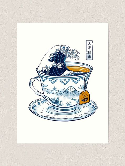 "The Great Kanagawa Tea" Art Print by vincenttrinidad | Redbubble Tea Cup Drawing, Tee Kunst, Tea Tattoo, Cup Tattoo, Japon Illustration, Cup Art, Tea Art, Henri Matisse, Mini Art