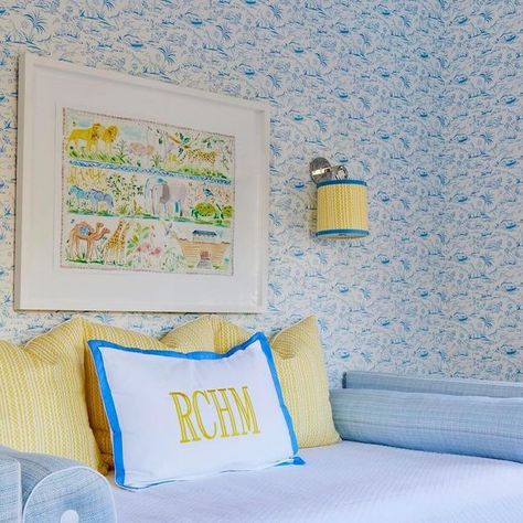 MADRE Dallas on Instagram: "baby blues and pops of yellow 🩵💛" Light Blue And Yellow Nursery, Light Blue And Yellow Wallpaper, Blue And Yellow Blinds, Blue And Yellow Floral Wallpaper, Blue And Yellow Peel And Stick Wallpaper, Baby Blue, Dallas, Ottoman, Sofa