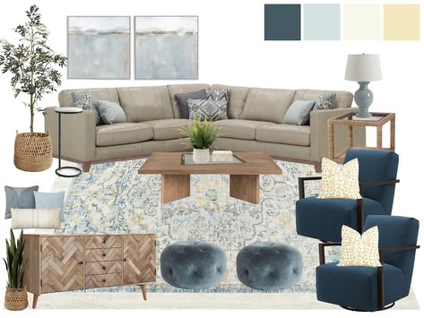 Sage And Blue Living Room Decor, Gray Blue And Sage Living Room, Sage Blue Home Decor, Blue Green Beige Living Room, Sage Green And Blue Living Room, Nuetral Pallete Living Room With Blue, Blue And Beige Living Room, Beige Sectional Living Room, Restoration Hardware Design