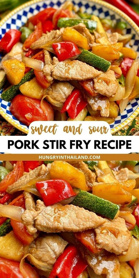 Get the most delicious sweet and sour pork stir fry with this quick and easy recipe! Made with tender pork tenderloin, a tangy homemade sauce, and crisp veggies, this dish is perfect for weeknight dinners. Ready in under 30 minutes, it’s a flavorful and satisfying meal your whole family will enjoy. Thai Pork Recipes, Moo Ping, Healthy Thai Food, Tender Pork Tenderloin, Sweet And Sour Pork Recipe, Sweet N Sour Pork Recipe, Thai Chicken Satay, Easy Thai Recipes, Healthy Thai Recipes