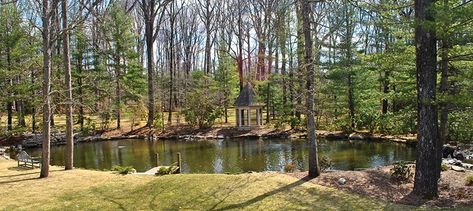 Medium sized pond surrounded by woods Medium Pond Ideas, Fire Pit And Pond, Eco Pool, Big Pond, Building A Pond, House Addition, Natural Swimming Ponds, Rock Landscaping Ideas, Fountains Backyard