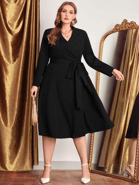 Black Elegant  Long Sleeve Polyester Plain Dress  Slight Stretch Spring/Fall Plus Size Suits Work Dresses Plus Size, Blazer Dress Plus Size, Classy Dressing, Black Office Dress, Black Dress Outfit Party, Dress For Chubby, Office Party Dress, Plus Size Blazers, Graduation Dinner