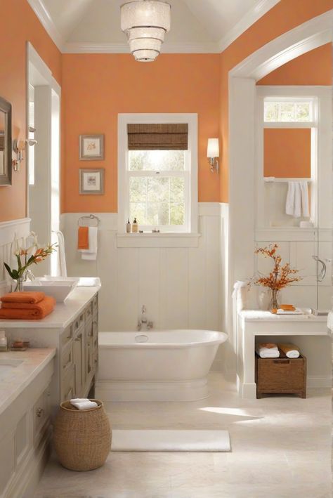 Step into a tangerine dream and transform your bathroom into a vibrant oasis with Benjamin Moore's BM 2012-30. Discover a daily routine for a stunning interior design escape. #Ad #homedecor #homedesign #bathroom #Painthome interiorarchitecture best Wall Colors for Bathroom Colors Bright Room Colors best colors combinations bathroom bathroom Remodeling Modern Paint Colors 2024 Orange Theme Bathroom, Light Orange Bathroom, Orange Bathroom Ideas, Paint Colors 2024, Bright Room Colors, Trendy Apartment Decor, Bathroom Wall Colors, Best Wall Colors, Modern Paint Colors