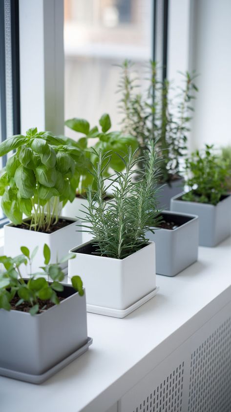 Grow fresh herbs in a compact, stylish setup with this minimalist herb garden idea. Perfect for a hint of green in any kitchen! Living Herb Wall Kitchen, Kitchen Window Herb Garden Ideas, Mini Garden Ideas Small Spaces Indoor, Growing Herbs In Kitchen, Indoor Herb Garden Diy Kitchens, Kitchen Herb Garden Indoor, Home Garden Aesthetic, Kitchen Window Herb Garden, Apartment Herb Gardens