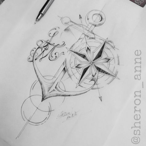 Anker Drawing, Anchor Compass Tattoo, Anchor Drawings, Compass Drawing, Anchor Tattoo Design, Anker Tattoo, Anchor Tattoos, Muster Tattoos, Nautical Tattoo