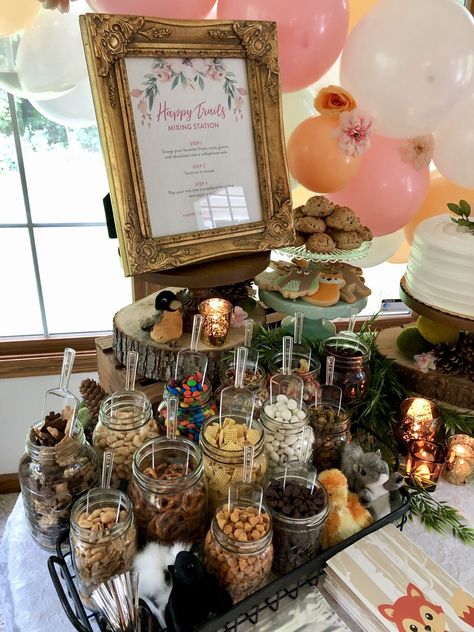 Trail Mix Wedding Bar, Boho Snack Bar, Trail Mix Bar Make Your Own Wedding, Trail Mix Display, Wedding Chex Mix Bar, Trailmix Bar Wedding, Baby Shower Trail Mix Favors, Happy Trails Trail Mix Party Favor, Sweet And Salty Snack Bar Wedding