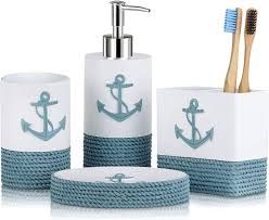 Amazon.com: Tide and Tales Nautical Bathroom Decor 4 Piece Bathroom Accessories Set | Rope and Anchor Bathroom Decor with Ocean and Sea Theme | Coastal Bathroom Soap Dispenser Set | Beach Bathroom Anchor Bathroom Decor, Ocean Themed Bathroom Decor, Anchor Bathroom, Strand Decor, Ocean Themed Bathroom, Nautical Bath, 4 Piece Bathroom, Lake House Bathroom, Nautical Bathroom