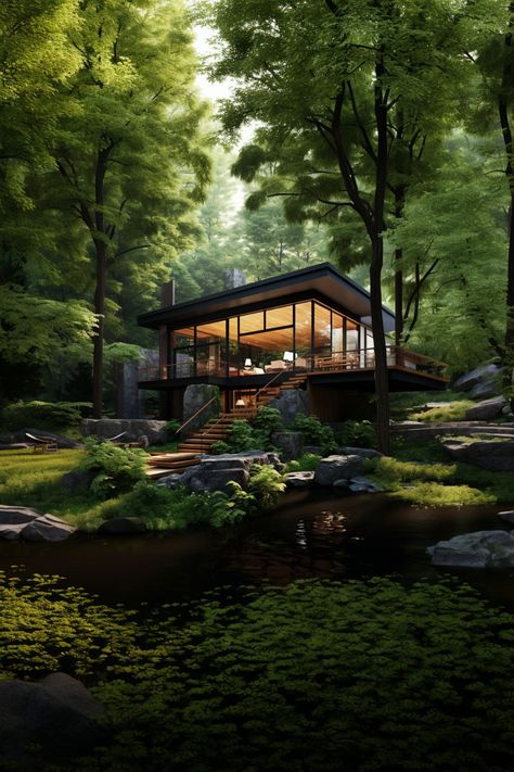 Beautiful House In Forest, Houses In Rainforest, Houses In The Rainforest, Home In The Forest Dream Houses, Minecraft Modern Forest House, Contemporary Forest House, Modern Home In Forest, Jungle Home Aesthetic, Jungle House Exterior