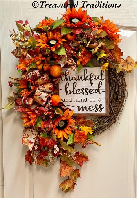 This vibrant fall wreath beautifully captures the essence of the season with its warm, rich tones and playful message. The mix of sunflowers, autumn leaves, and berries adds depth and texture, while the sign in the center adds a touch of personality and charm. It's perfect for anyone who wants to welcome the season with a joyful, cozy vibe, making it an excellent choice for adding a touch of warmth and cheer to any home. This wreath is crafted on a sturdy 18" oval grapevine base, perfect for bri Thankful Wreath, Fall Entry, Elegant Fall Wreaths, Wreath For Fall, Wreath Sunflower, Whispering Pines, Autumn Wreaths For Front Door, Harvest Wreath, Fall Front Door