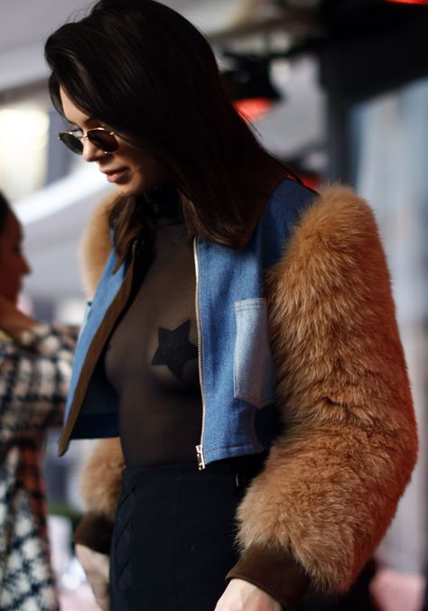 Denim Jacket With Fur, Sonia Rykiel, Sheer Top, Kendall Jenner, Daily Fashion, New Outfits, Fur Coat, Denim Jacket, Cover Up