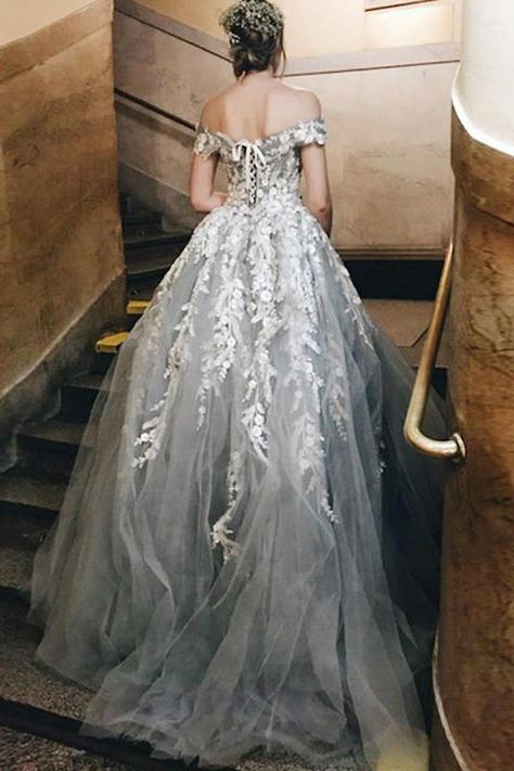 2019 Vintage Silver Off the Shoulder Lace Appliques Tulle Sweetheart Beach Wedding Dresses uk PW112 Tulle Applique, Grey Evening Dresses, Popular Prom Dresses, Grey Prom Dress, Wedding Dresses Uk, Beach Wedding Dresses, Summer Dresses For Wedding Guest, Lace Formal Dress, Beautiful Prom Dresses