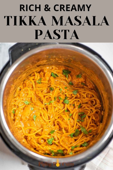 This Indian fusion Chicken Tikka Masala Pasta is creamy, flavorful and easy to make in less than 30 minutes | Chicken Pasta | Indian Pasta | #chickentikkamasala #tikkamasalapasta #indianpasta #chickenpasta | pipingpotcurry.com Chicken Tikka Masala Pasta, Chicken Tikka Pasta, Tikka Masala Pasta, Indian Spaghetti Recipes, Indian Pasta Recipes, Pakistan Recipes, Vegan Curries, Tikka Masala Pizza, Masala Pasta