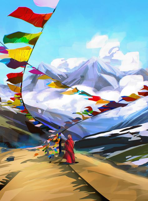 Tibet Aesthetic, Tibet Landscape, Solarpunk Art, Tibet Art, Nepal Art, Drawing Scenery, Planets Wallpaper, Hinduism Art, Graphic Poster Art