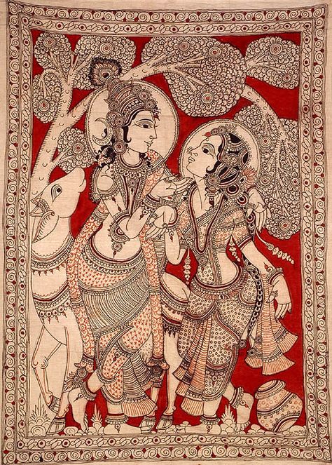 radha reference Kalamkari Radha Krishna, Traditional Kalamkari Painting, Radha Krishna Kalamkari Painting, Traditional Madhubani Art Krishna, Kalam Kari Painting, Indian Art Style, Madhubani Art Krishna, Murali Krishna, Kalamkari Art