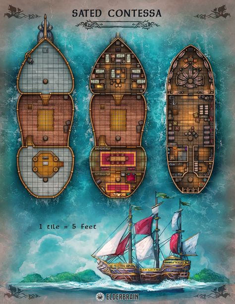 Ship Maps Dnd, Dnd Ship Battle Map, Dnd Ship Map, Saltmarsh Maps, Dnd Ship, Ship Deck Plans, Steampunk Vehicle, Traveller Rpg, Navi A Vela