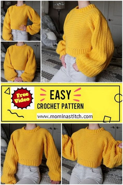 Crochet Sweater Solid Color, Crochet Turtleneck Free Pattern, Crochet Useful Items Sewing Patterns, Crochet Comfy Sweater, Balloon Sleeve Sweater Crochet Pattern Free, Crochet Shirt Free Pattern Simple, Winter Crochet Clothes Patterns, Duck Sweater Crochet Pattern, Crochet Fall Patterns Free Clothes