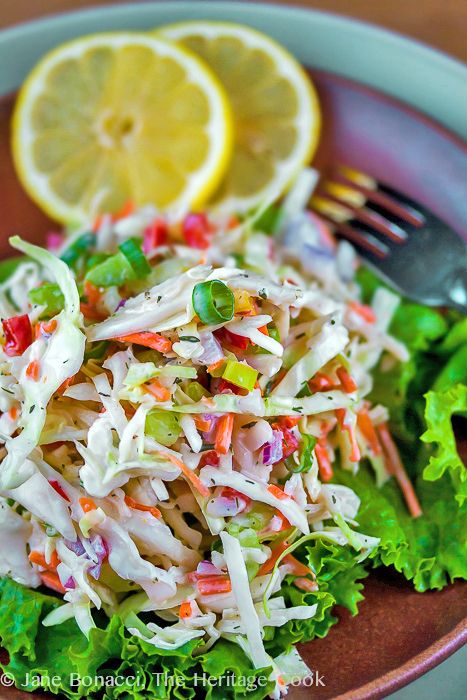 Ranch-Flavored Cole Slaw from Jane Evans Bonacci of The Heritage Cook. This confetti-style cole slaw with ranch dressing is perfect for picnics and cookouts #bbq #coleslaw #bbqrecipe #picnic #picnicrecipe Ranch Slaw, Cabbage Salads, Salad Shooter, Veg Salads, Vegan Coleslaw, Homemade Ranch Dressing, The Food Network, Vegetarian Cabbage, Cole Slaw