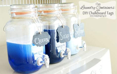 You might be devoted to your products, but we bet you don't love their ugly bottles. Decant liquids into helpful dispensers (just keep them away from kids, and remember to measure!). Get the tutorial at Simply Designing »  - GoodHousekeeping.com Diy Lavanderia, Laundry Soap Container, Diy Soap Dispenser, Dispenser Ideas, Laundry Room Storage Cabinet, Laundry Soap Dispenser, Soap Dispenser Diy, Laundry Detergent Dispenser, Dispenser Diy