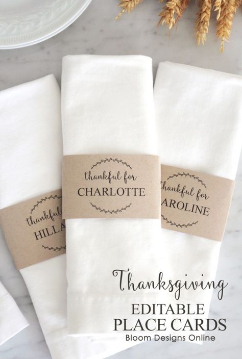 Thanksgiving personalized printable napkin holders Thanksgiving Dinner Ideas, Printable Place Cards, Thanksgiving Place Cards, Thanksgiving Dinner Table, Thanksgiving Traditions, Thanksgiving Table Settings, Thanksgiving Centerpieces, Thanksgiving Printables, Thanksgiving Table Decorations