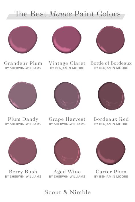 The S&N Collection | The Best Paint Colors — Scout & Nimble Grandeur Plum Sherwin Williams, Aged Wine Sherwin Williams, Plum Dandy Sherwin Williams, Plum Paint Colors Bedrooms, Berry Colour Palette, Sherwin Williams Plum Paint Colors, Sherwin Williams Mauve Colors, Sherwin Williams Mauve, Purple Mauve Paint