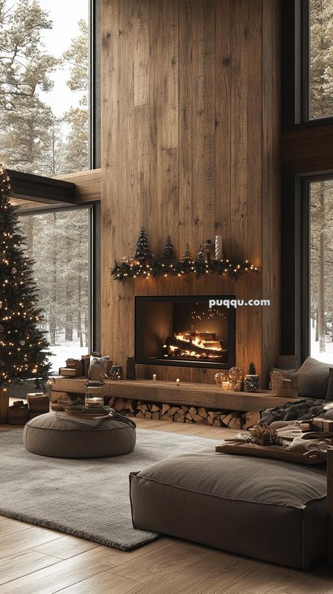 25 Festive Ideas for a Cozy Scandinavian Christmas Bedroom With A Fireplace, Snow Cabin Aesthetic, Ski House Living Room, Dark Rustic Home, Ski Chalet Interior Design, Mountain Modern Living Room, Warm Industrial Living Room, Modern Lodge Decor, Blue Christmas Tree Ideas