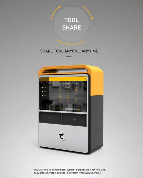 Tool Share – Community Tool Sharing System allows the free use of tools from a public vending machine. #tools #public #YankoDesign Creative Vending Machine, Vending Machine Concept, Futuristic Vending Machine Design, Touch Screen Vending Machine, Vending Machine Design, Poppin Bottles, Recycling Machines, Sharing Economy, Industrial Machine