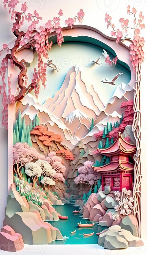 Generative AI illustration of Chinese nature and landscape on solid background, auspicious clouds, ravine stream, mountain range, many houses and ancient buildings, multi dimensional paper quilling Stream Illustration, Chinese Nature, Mulan Birthday, Iphone Images, Diy Quilling Crafts, Birthday Background Design, Glitter Wall Art, Paper Art Sculpture, Paper Cutout Art