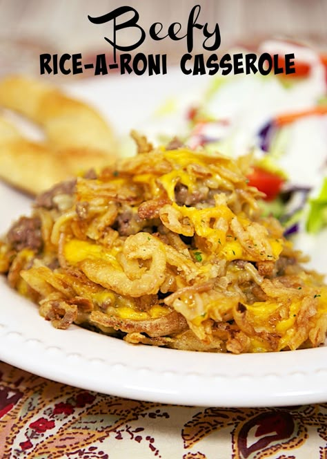 Beefy Rice-A-Roni Casserole Recipe - quick casserole with only 5 ingredients! Hamburger, Rice-A-Roni, chicken soup, cheese and fried onions. Can make ahead and freeze for later! Ready in 20 minutes! Beef Rice A Roni Casserole, Ricearoni Recipes, Mexican Style Rice, Quick Casserole, Hamburger Rice Casserole, Soup Cheese, Quick Casseroles, Rice A Roni, Ground Beef Rice