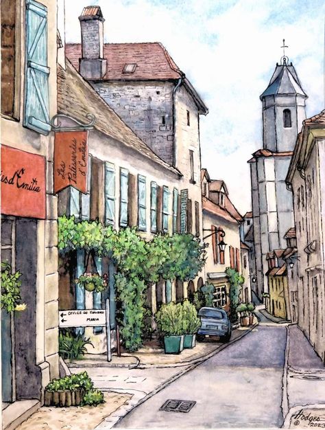 Loose Ink And Watercolor, Watercolor Building Paintings, Loose Sketching Watercolor Painting, Urban Sketching Watercolors, Urban Sketching Reference Photos, Watercolor Urban Sketch, France Sketch, City Watercolor Painting, Street Watercolor