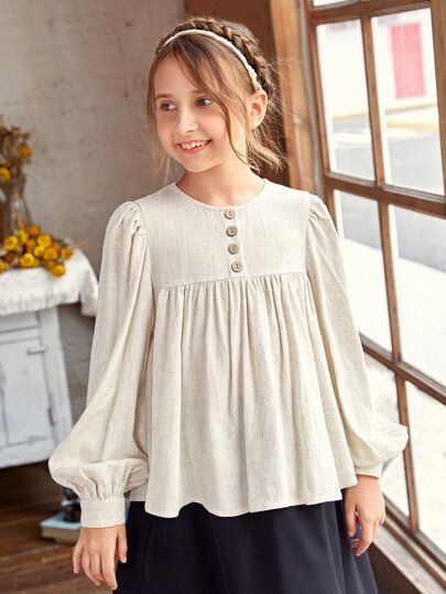 SHEIN Girls Ruffle Trim Crinkle Yoke Top | SHEIN USA Fancy Top For Girl, New Fancy Top Design, Kids Tops Girls Shirts, Kids Top Designs, Girls Shirts Design, Top For Girls Stylish, Modest Kids Clothes, Fancy Top Design, Girls Top Design