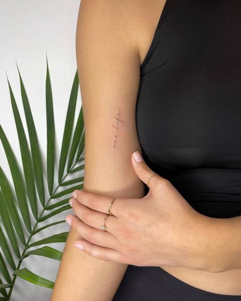 Cute Written Tattoos, Elongated Script Tattoo, Live With Purpose Tattoo, Inner Arm Script Tattoo, Fine Line Written Tattoo, Bicep Writing Tattoo, Create Word Tattoo, Bicep Script Tattoo, Written Tattoo Placement