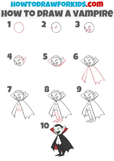 how to draw a vampire Simple Vampire Drawing, Vampire Drawing Easy, Cute Vampire Drawing, Vampire Doodle, Drawing Vampire, Vampire Drawing, Kids Podcast, Draw Halloween, Famous Vampires