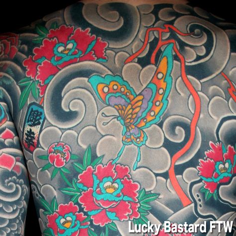 Japanese backpiece with flowers and butterfly by Lucky Bastard at Fine Tattoo Work in Orange, California Butterfly Japanese Tattoo, Japanese Butterfly Tattoo, Japanese Backpiece, Chest Tattoo Japanese, Fine Tattoo, Traditional Butterfly Tattoo, Tattoo Japanese, Orange California, Amazing Body