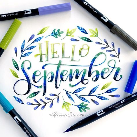 Hello September! What are you most excited about this month?⁣ .⁣ .⁣ ? How To Write August In Calligraphy, September In Cursive, September Calligraphy Fonts, September Calligraphy, October Calligraphy Hand Lettering, September Calligraphy Bullet Journal, Book Sketches, Tombow Brush Pen, Tombow Markers